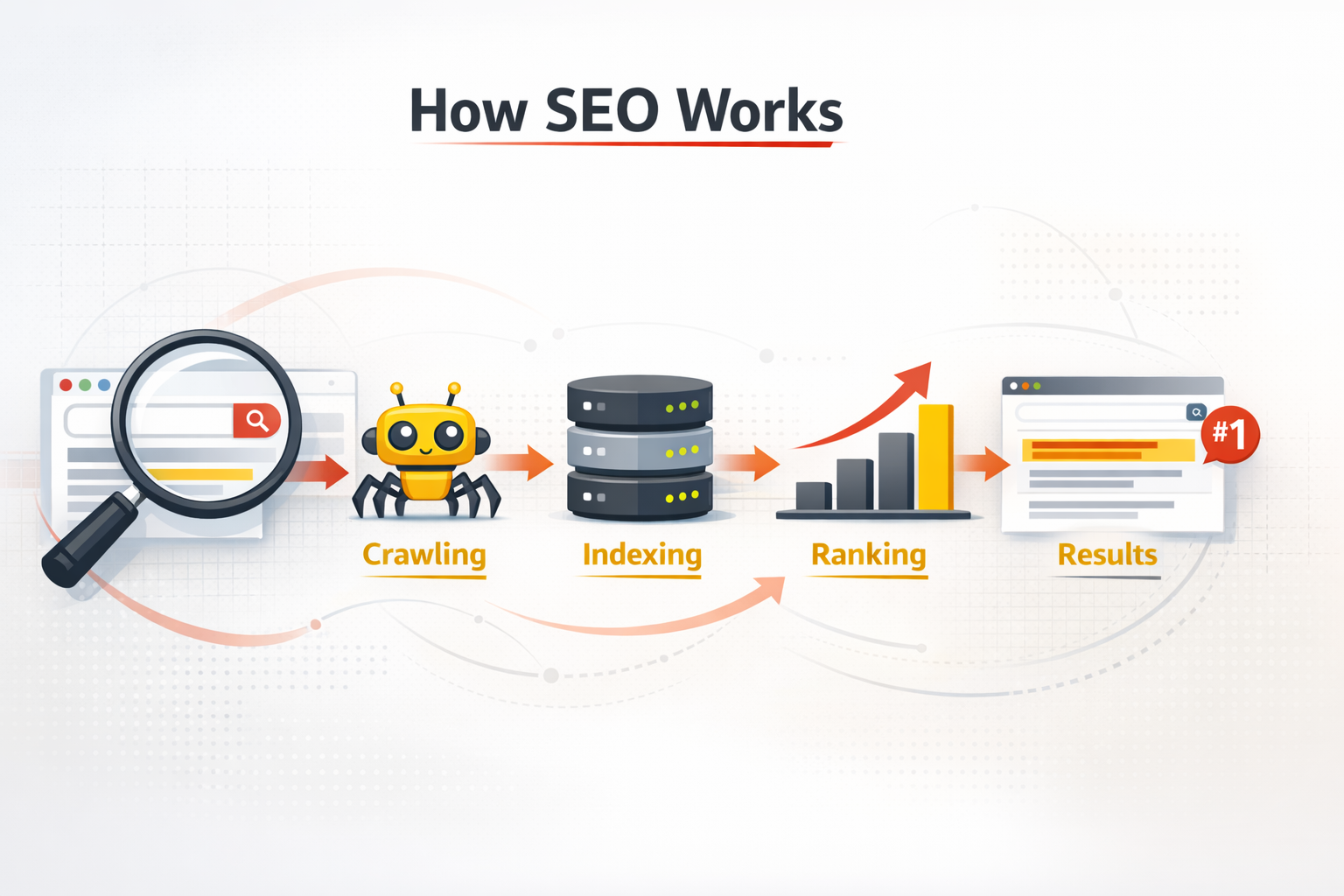 Laptop screen with SEO search bar, upward arrow graphics, and growth icons in The Next Line brand colors representing search engine optimization success.