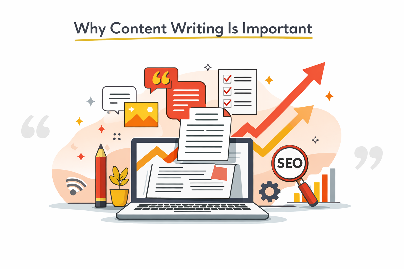 Laptop with floating text and SEO icons showing the importance of content writing for business growth, designed in The Next Line brand colors.