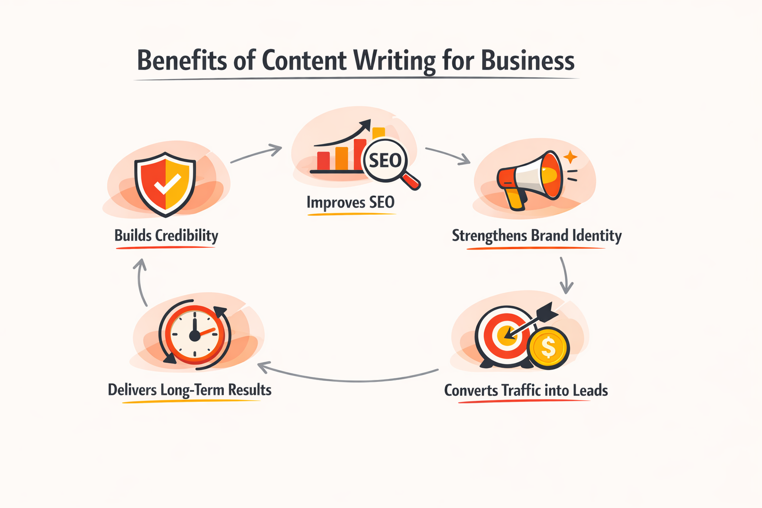 Infographic showing key benefits of content writing for businesses including SEO, credibility, brand growth, and conversions, designed in The Next Line brand colors.